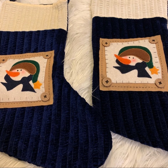 2 Beautiful Navy & Cream Primitive Snowman Stockings - Picture 10 of 12